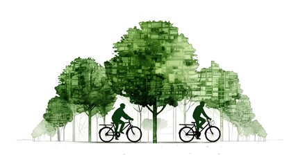 City bike lane with cyclists riding through an urban park surrounded by green trees, promoting sustainability. Generative AI