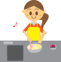 ケーキ作りのためキッチンに立つ主婦のイラスト・苺・焼き菓子・製菓