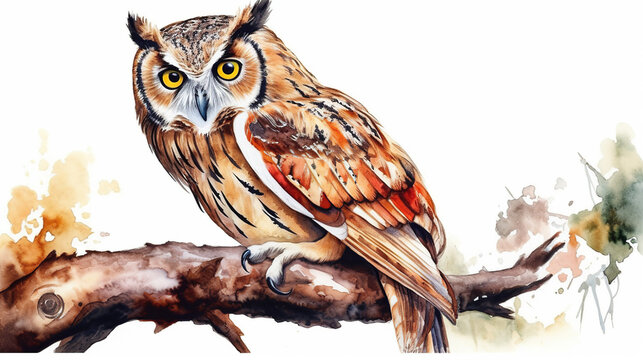 Isolated Colorful Owl On Tree With White Background, Generative Ai