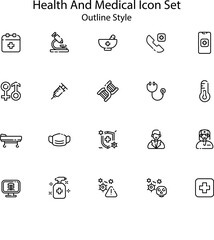 Health and medical icon set includes a variety of icons related to health, medicine, and medical care. The icons cover a range of concepts, including medical equipment, procedures, treatments