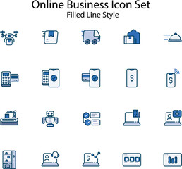 The Online Business icon set includes a variety of symbols that represent the features of an online business such as shopping cart, payment, delivery, product,  and more