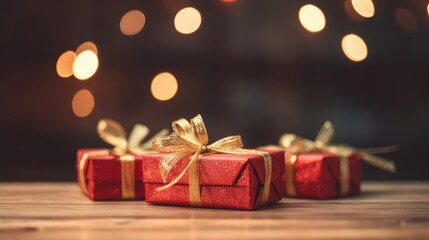 Christmas presents wrapped in red paper with gold ribbon on on wooden table background and bokeh. Place for typography and logo. Copy space. Generative Ai.