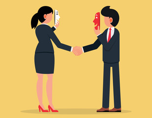 Liar or suspicion fraud, betrayal or disguise deal. business man and women handshake both holding mask to hide real thought, fake agreement