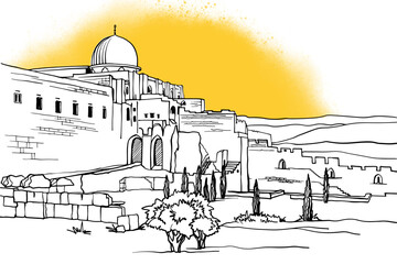 Old Jerusalem. Nice view of the domes and walls of the ancient city. Hand drawn sketch. Urban sketch. Line art. Ink drawing. Black and white vector illustration. Postcards style. Without people.