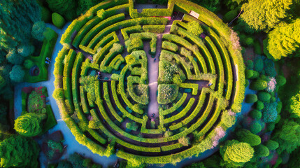 A mesmerizing top view of a complex summer garden maze with striking colors and geometric patterns.