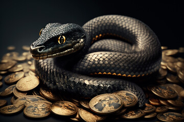 Obraz premium Black snake lies and protects valuable coins. Generative AI
