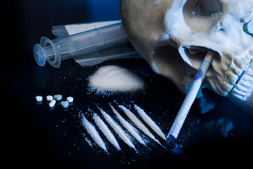human skull, cocaine, Narcotic concept