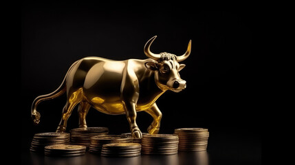 Golden bull figure on top of a staple of stacked coins as a symbol for bull market at the financial exchange. Generative AI.