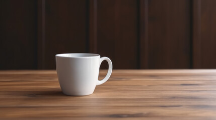 Single empty white cup on a wooden table with workspace beside. Generative AI.