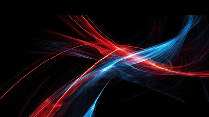 Red and blue waves in front of a clean black wall for a futuristic abstract background. Generative AI.