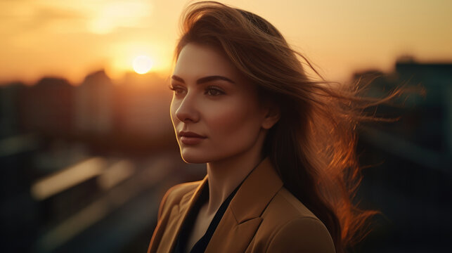 Brunette woman in business suit with sunset background