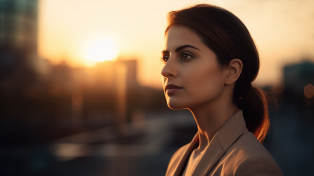 Beautiful attractive businesswoman with sunset city background