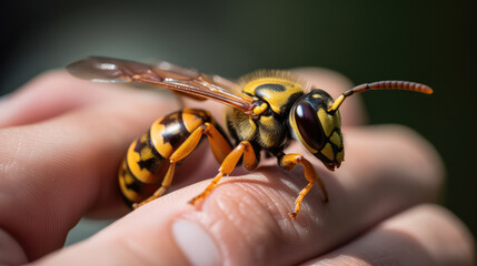 Close up of a hornet sitting on the hand of a human. Generative AI.