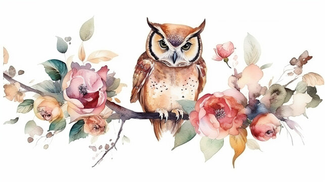 Colorful Owl On Watercolor Rose Plant With Transparent Background, Generative Ai