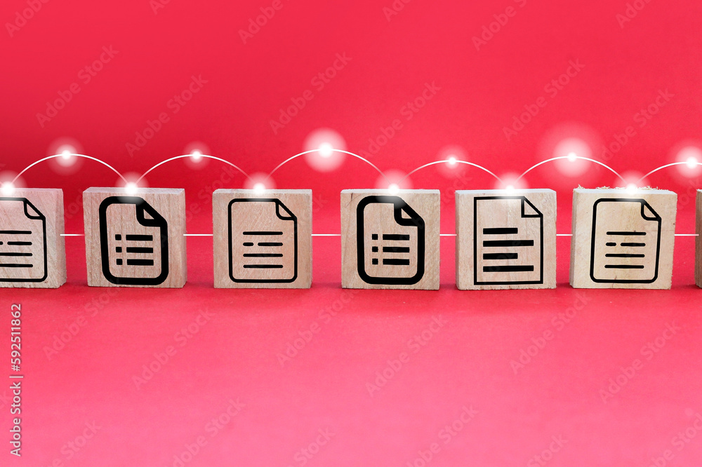 Poster a row of wooden squares with stacked file icons. a document management system (dms) is being prepare