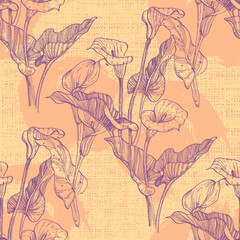Naklejka premium Vector seamless pattern with hand drawn calla branches and leaves on background. Elegant design for print, fabric, wallpaper, card, invitation, cosmetic products package