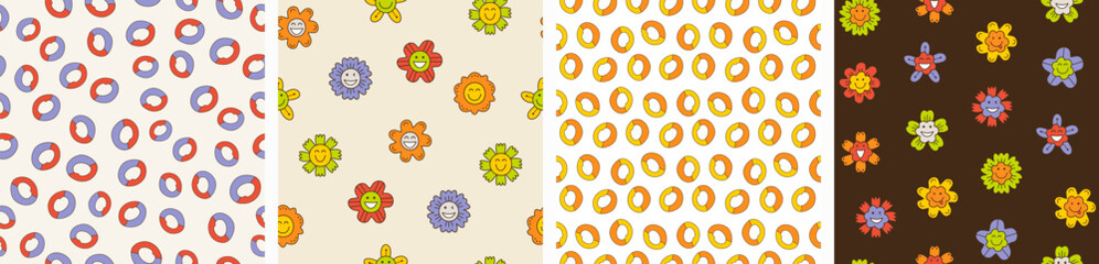 Collection of four patterns, cheery flowers. Decorative endless texture, retro floret, simple cute shapes, flat vector.