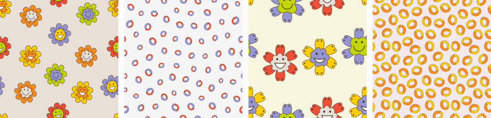 Four surface patterns, cheery flowers. Multicolor repeating backdrops, floral illustration, continuous design with creative shapes.