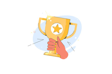 Gold cup. Hand holding golden trophy flat vector illustration. Success. The winner award, champion man holding in hand prize. Businessman holding a trophy cartoon