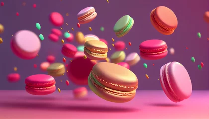 Keuken spatwand met foto Falling macaron dessert background. Abstract artwork. Generative AI illustration © Anna