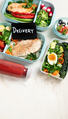 Different types healthy meals in containers, Takeout food menu, top view, copy space