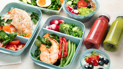 Different types healthy meals in containers, Takeout food menu, top view, copy space