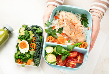Different types healthy meals in containers, Takeout food menu, top view, copy space