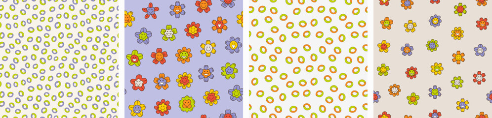 Pack of four patterns, laughs flowers. Childish backdrop design, comic smiley face, simple print for fabric, packaging.