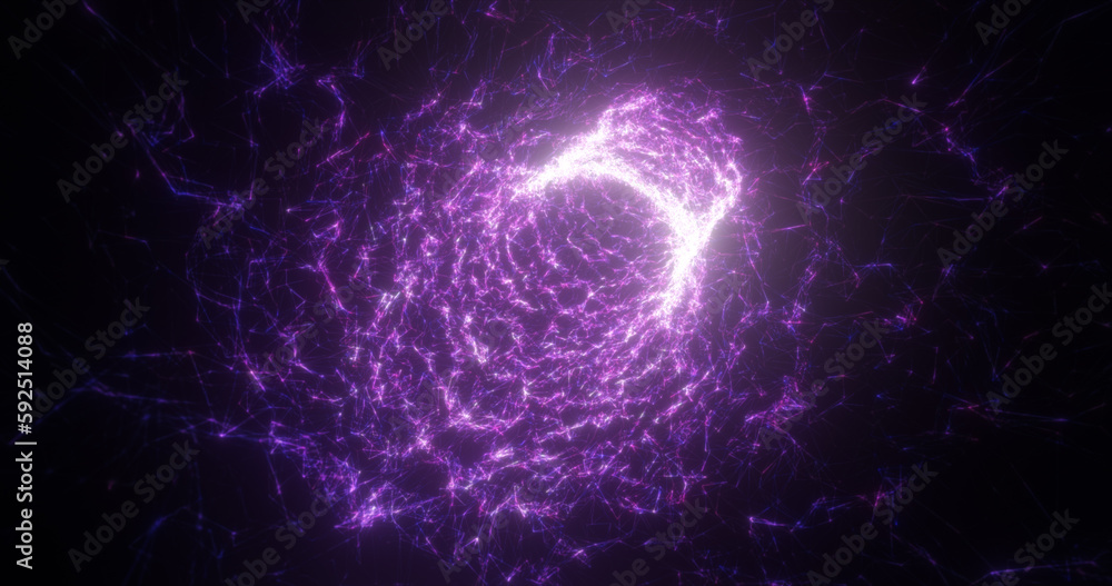 Poster abstract purple tunnel swirling from lines and particles of triangles glowing futuristic hi-tech wit