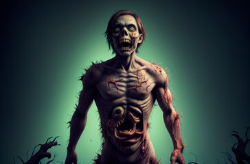 Fototapeta na wymiar Creepy zombie. Portrait of ugly screaming monster on bright background. Generative AI.