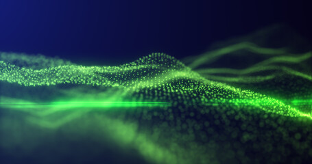 Abstract green energy waves from particles of futuristic hi-tech glowing background