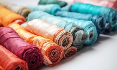 Fabric rolls background, textile retail shop, colorful cloths close up. Generative AI