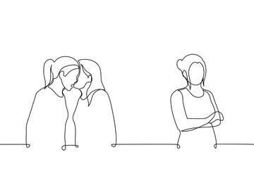 two female friends are discussing whispering in each other's ear, a lonely woman stands apart from them with her arms crossed - one line drawing vector.  concept of discussing, envy, boycott, foe