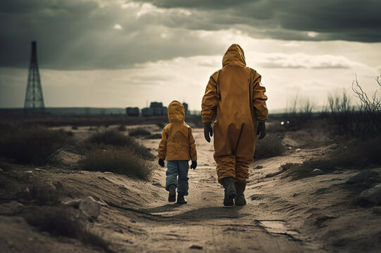 A father and son walking down a desolate dirt road after a nuclear war created with generative ai technology