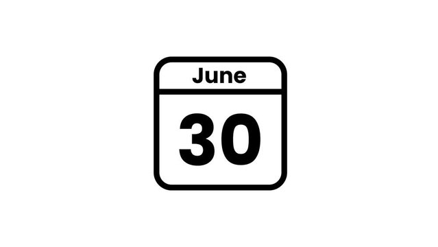 30 June calendar icon animation. Luma matte with transparent background 4K resolution