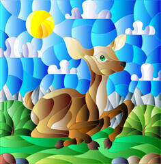 Illustration in stained glass style with a fawn on the background of green meadows, mountains and cloudy sky