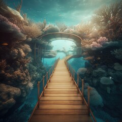A beautiful scenery of a wooden pathway leading to the under water beautiful view. Generative Ai.
