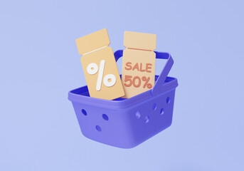 Basket shopping with discount voucher coupon floating on purple background. promotion sale 50 percentage cashback, shopping online concept. minimal cartoon style. 3d rendering illustration