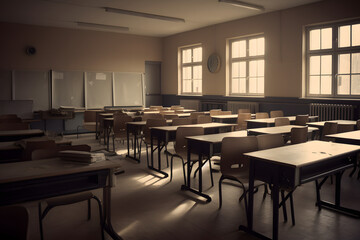 An empty classroom with numerous wooden desks, in the style of solarization effect, light indigo and dark amber, Generative Ai