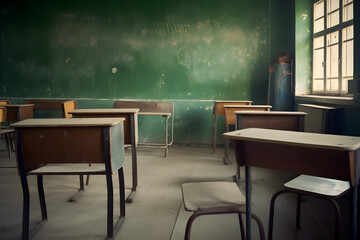 Empty classroom and desks photo, in the style of dark green and orange, Generative Ai