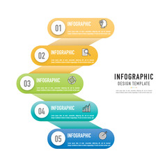 Rectangular infographic template or element with 5 step, process, option, colorful 3D tag, button, rectangle, stair, ladder, funnel, fishbone, circle, circular for sale slide, flowchart, workflow, web