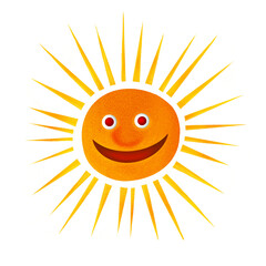 The sun cartoon isolated with a face, smiles and shines. Funny drawing for children.