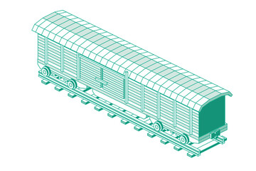 Isometric Freight Railroad Car Isolated on White Background. Freight Boxcar Wagon. Part of Cargo Train. Outline Transportation Object.