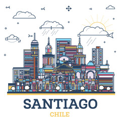 Fototapeta premium Outline Santiago Chile City Skyline with Colored Modern and Historic Buildings Isolated on White. Santiago Cityscape with Landmarks.