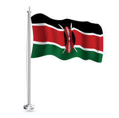 Kenyan Flag. Isolated Realistic Wave Flag of Kenya Country on Flagpole.