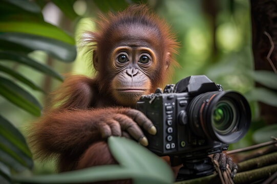 A little orangutan monkey taking a selfie with a camera created with generative ai technology