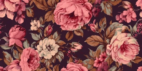 Tuinposter Seamless pattern red rose flowers vintage abstract dark blue background.Vector illustration drawing watercolor style.For used wallpaper  © Longklong