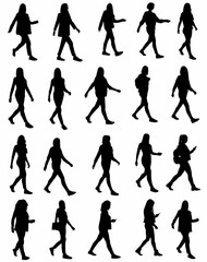 Vector set of walking woman silhouettes, logos, icons