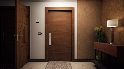 Fototapeta na wymiar Modern wooden entrance door for the natural effect so you always come home warmly. Generative AI Technology 