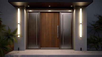 Fototapeta premium Modern wooden entrance door for the natural effect so you always come home warmly. Generative AI Technology 